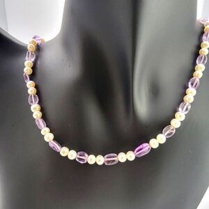 NEW Amethyst and Freshwater Pearl Necklace with Yellow Gold Clasp